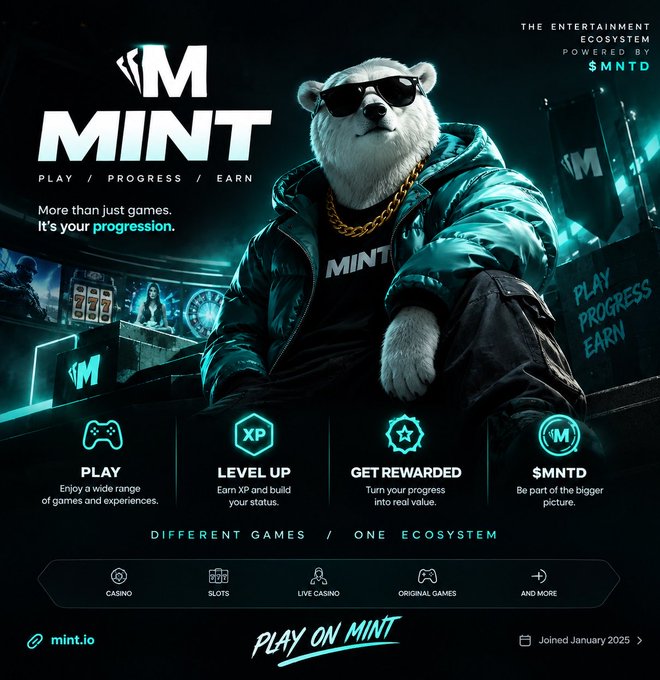 A MINT promotional poster features an anthropomorphic white bear wearing sunglasses, a gold chain, and a teal jacket, with text 'PLAY / PROGRESS / EARN' and sections for PLAY, LEVEL UP, GET REWARDED, and $MNTD, branding it as 'PLAY ON MINT'.