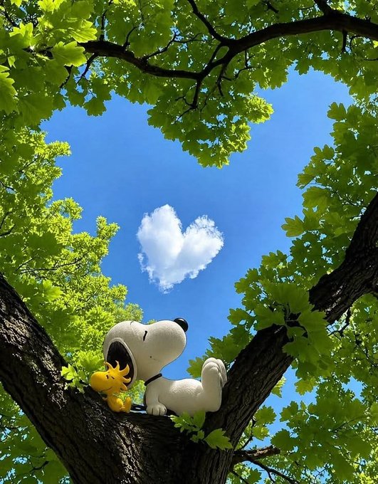 Snoopy and Woodstock rest on a tree branch framed by lush green oak leaves, gazing up at a heart-shaped cloud in the blue sky.
