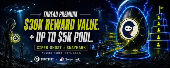 A promotional banner advertises a 'THREAD PREMIUM' collaboration between 'CIFER GHOST × SWAYMARK', offering a '$30K REWARD VALUE' and 'UP TO $5K POOL' alongside an alien and glowing egg graphic.