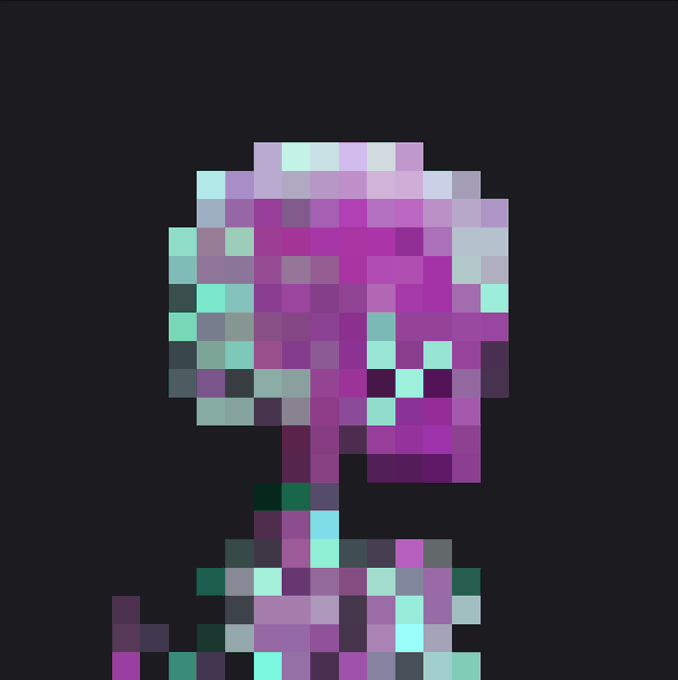 A pixelated character sprite rendered in Minecraft-style blocks, featuring a pink and purple head with a multicolored body against a black background.
