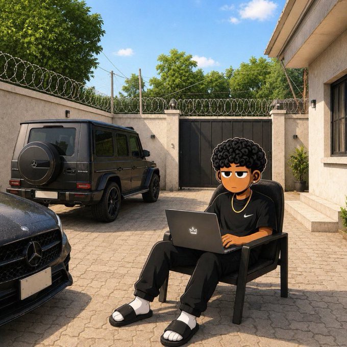 An illustration depicts a cartoon character with dark curly hair sitting on a chair in a driveway using a laptop, with a black Mercedes-Benz G-Class SUV parked behind him.