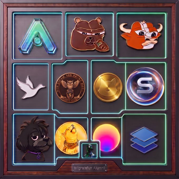 A collection of cryptocurrency token icons and NFT characters arranged in a grid frame, labeled 'Migratefun Alumni!' at the bottom.