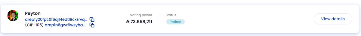 A user profile card for "Peyton" showing their wallet addresses, a voting power of 73,658,211, and a "Retired" status badge.