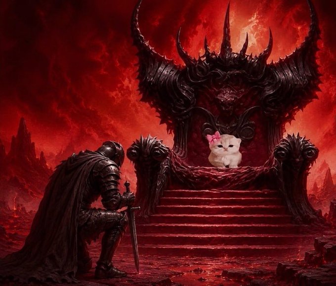 A dark fantasy digital illustration depicting a knight in black armor kneeling before a large, ornate, menacing throne set in a hellish red landscape, with a small, cute white kitten wearing a pink bow sitting on the throne.