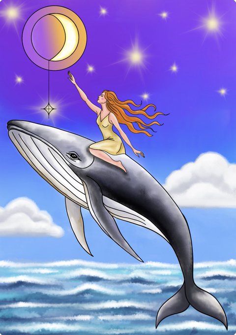 An illustration of a red-haired woman in a yellow dress riding a breaching gray whale, reaching up toward a crescent moon balloon against a starry purple sky.