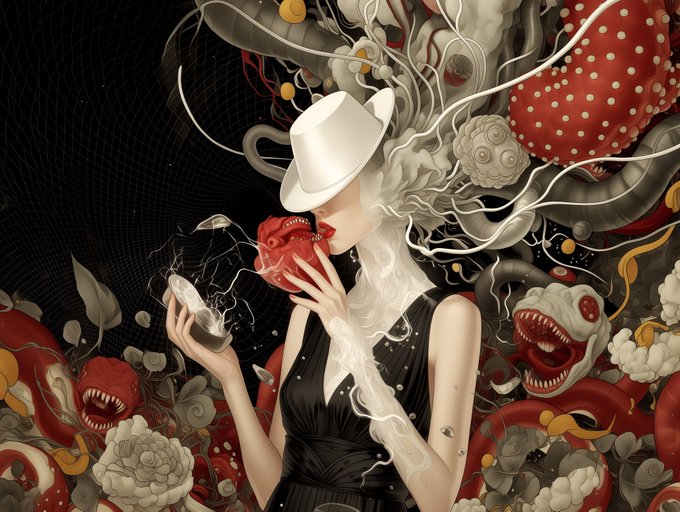 A surreal digital illustration features a pale woman in a white hat holding a cracked egg and a red object with teeth, surrounded by monstrous red mushrooms and tentacle-like forms against a dark background.