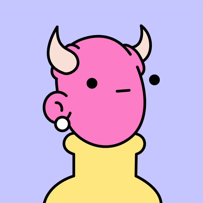 A cartoon illustration of a pink character with small horns, an earring, and a yellow hoodie against a light purple background.