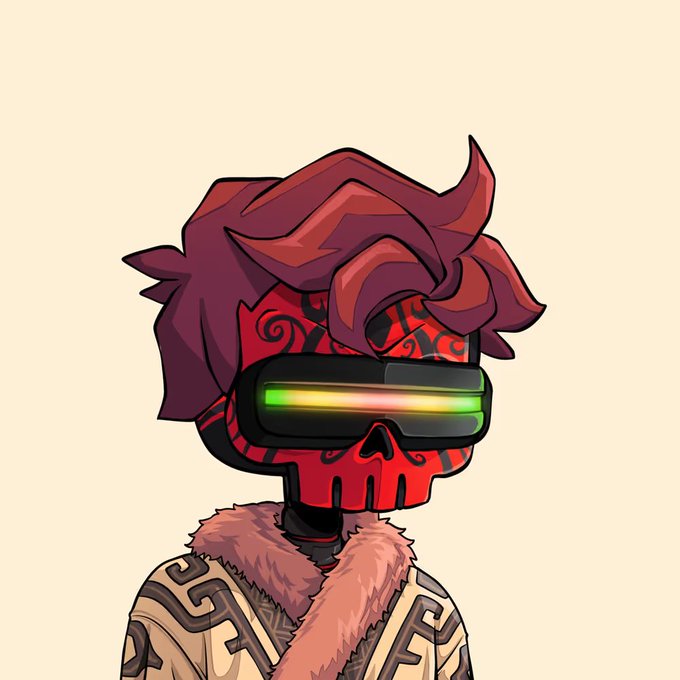 A digital illustration of a character with red skull-patterned skin, glowing red eyes, messy red hair, and glowing yellow-green visors, wearing a fur-collared coat.
