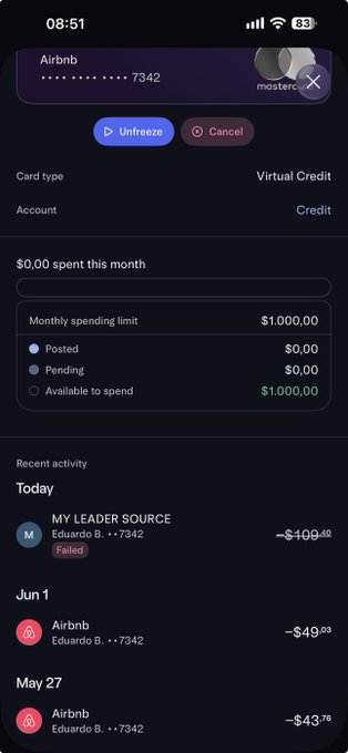 A mobile banking app screen showing a frozen Airbnb virtual credit card with options to 'Unfreeze' or 'Cancel', displaying a $1,000.00 monthly spending limit, $0.00 spent, and recent activity including a failed 'MY LEADER SOURCE' transaction of -$109.48 and two successful Airbnb charges.