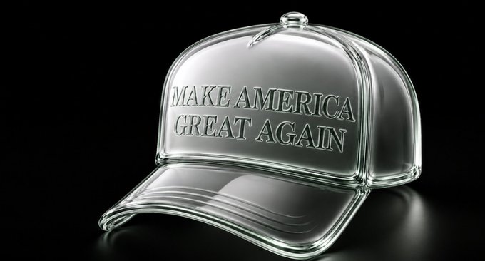 A glass or crystal baseball cap with the text 'MAKE AMERICA GREAT AGAIN' engraved on the front, set against a black background.