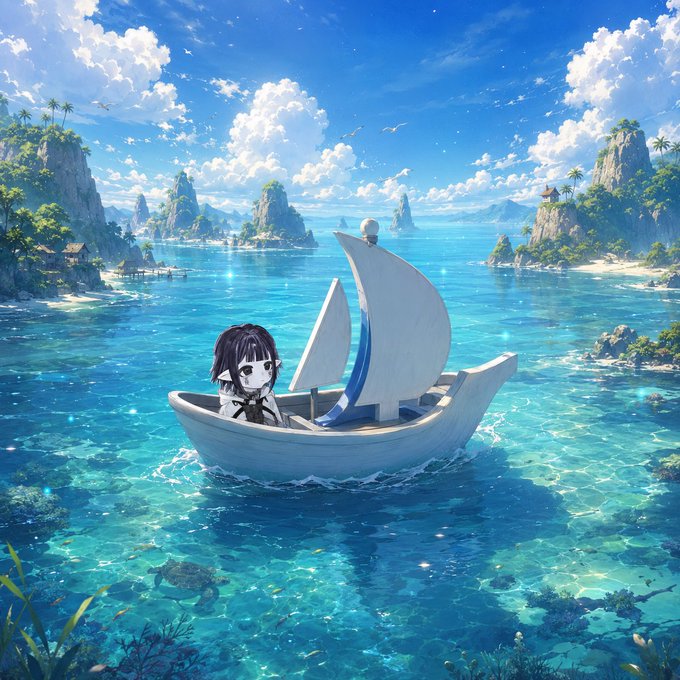 An anime-style illustration depicts a character with dark hair and pointed ears sailing a small white boat on turquoise tropical waters surrounded by lush green islands.