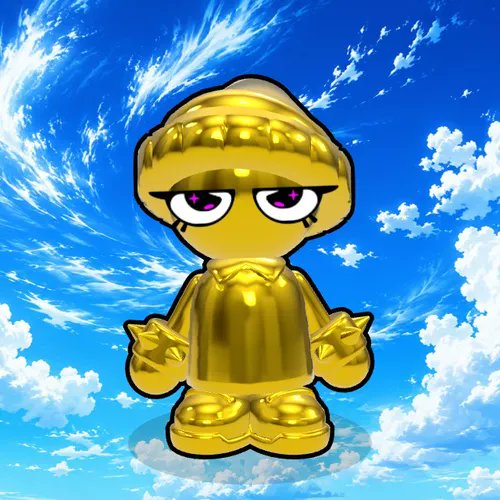 A shiny gold designer toy figure with a hood and purple eyes stands against a backdrop of blue sky and clouds.