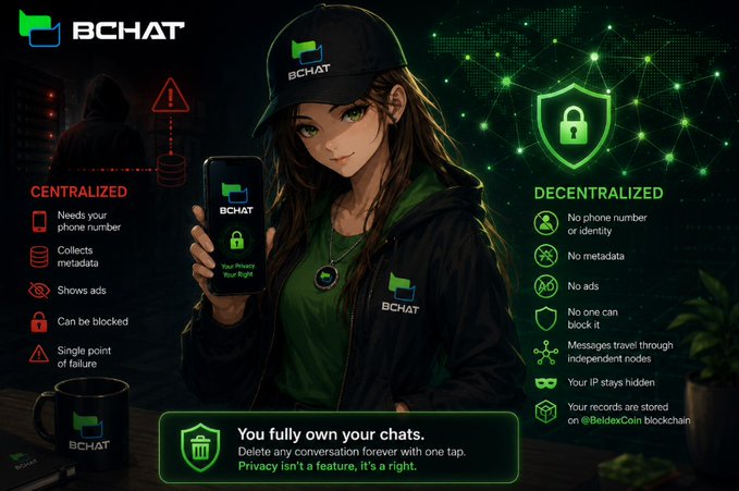 An anime-style promotional graphic for BCHAT featuring a woman with a phone, contrasting centralized messaging problems (needing phone numbers, metadata, ads) with decentralized benefits (no phone needed, no metadata, no ads, IP hidden on BeldexCoin blockchain).