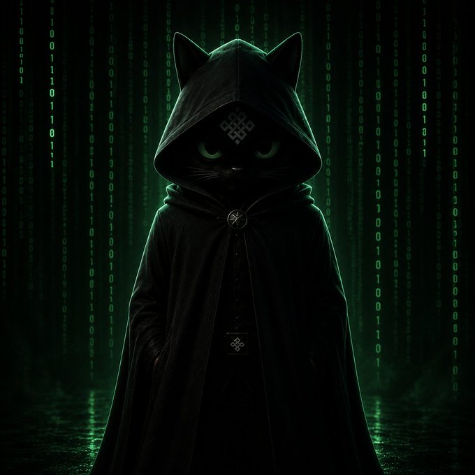 A dark, hooded black cat character with glowing green eyes stands in a Matrix-style environment with cascading green binary code in the background.