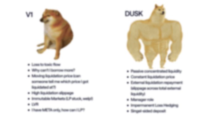 A meme comparing 'V1' (a small doge) with 'DUSK' (a muscular doge), listing various features below each.