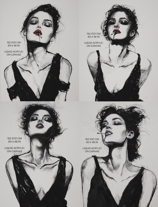 Four black and white artistic portraits of women with bold red lips and dramatic makeup, each labeled '152 X121 CM, 60 X 48 IN, LIQUID ACRYLIC ON CANVAS'.