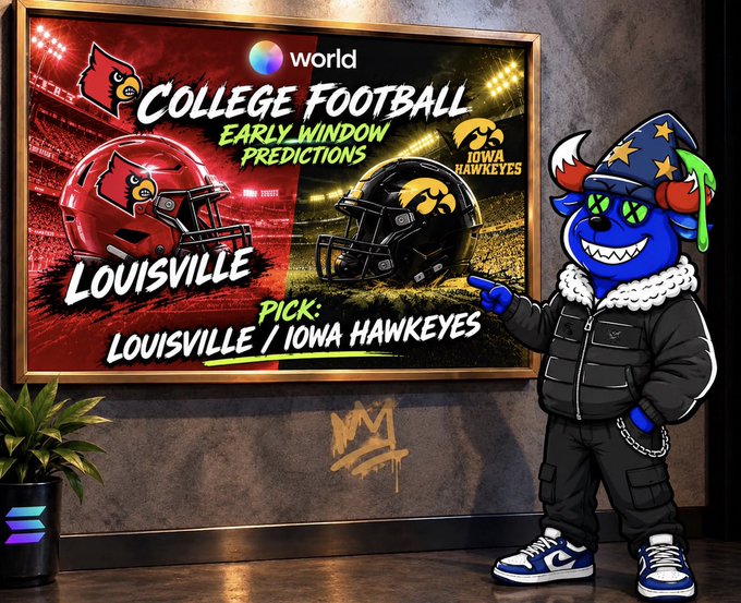 A blue cartoon mascot in a starry wizard hat points to a screen displaying 'College Football Early Window Predictions' and 'PICK: LOUISVILLE / IOWA HAWKEYES' with team helmets.