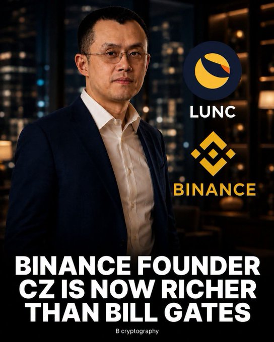 A promotional graphic featuring Changpeng Zhao (CZ) with text reading 'BINANCE FOUNDER CZ IS NOW RICHER THAN BILL GATES' alongside LUNC and Binance logos.