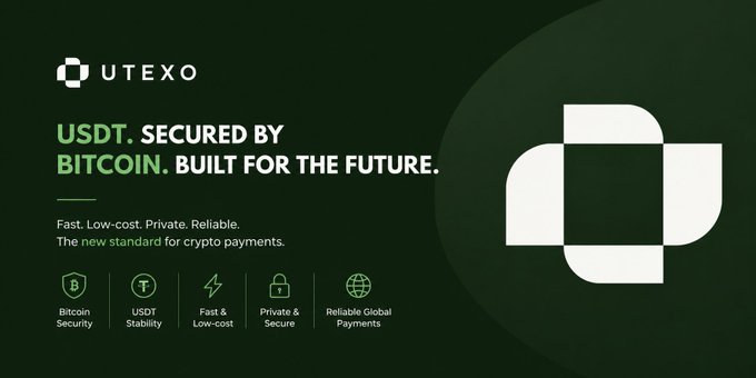 A dark green promotional banner for 'UTEXO' reads 'USDT. SECURED BY BITCOIN. BUILT FOR THE FUTURE.' highlighting features like Bitcoin Security, USDT Stability, Fast & Low-cost, Private & Secure, and Reliable Global Payments.