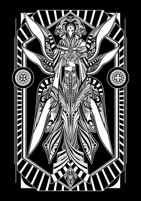 Black and white ornate Art Deco-style illustration featuring a symmetrical winged angelic/divine figure within a geometric striped frame with circular mandala decorations.