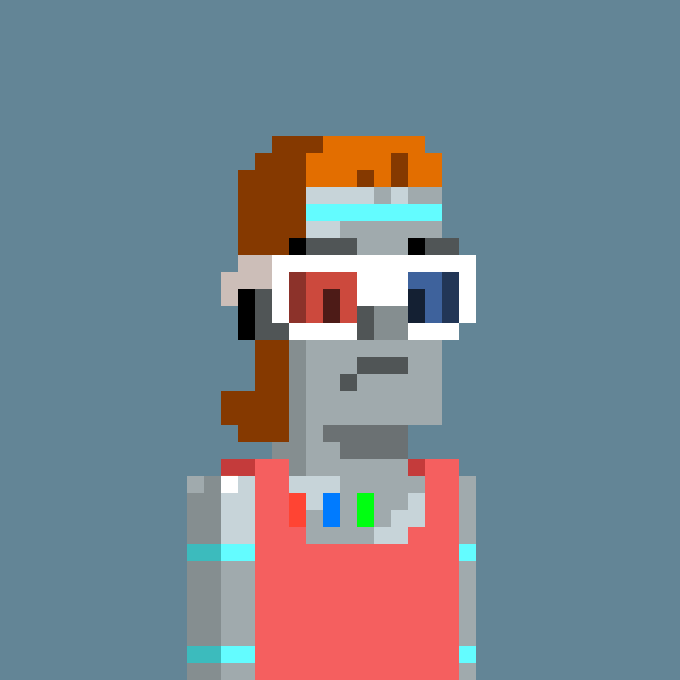 A pixel art portrait of a character with blue skin, red and blue 3D glasses, and brown hair, wearing a red outfit.