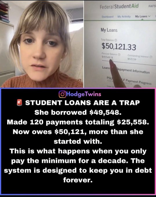 The image features a woman with blonde hair wearing an orange sweater who has just received her student loans. She is shown pointing at a piece of paper that displays information about her student loans, including details such as the total amount she borrowed, interest rate, and payment schedule. The text in the image emphasizes the importance of paying off the loans as soon as possible to avoid accruing more interest over time.