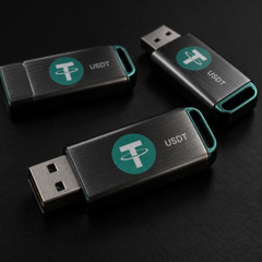Three black USB-style hardware wallets labeled 'USDT' with the Tether logo, likely promotional devices resembling Trezor-style cold storage wallets.