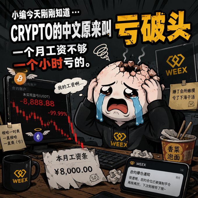 The image features a cartoon character with a sad expression sitting at a desk surrounded by various objects such as a computer monitor, keyboard, mouse, cup of coffee, and a cell phone. The background shows a computer screen displaying a graph or chart that says "8,800,000". The post is titled "CRYPTTOF" in Chinese and includes text in both English and Chinese, which might be related to the character's emotions or the content displayed on the computer screen.