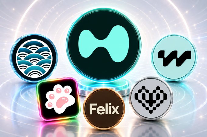 A promotional graphic displaying several crypto token logos arranged in a circle, including a large HYPE logo in the center, with a 'Felix' coin in the front, set against a glowing blue background.