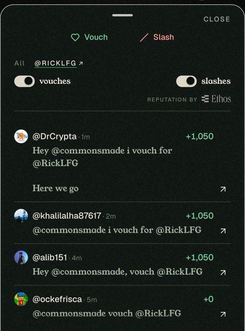 The image shows a VibeFi/CommonsMade interface displaying vouches for @RickLFG, with users like @DrCrypta, @khalilalha87617, and @alib151 receiving +1,050 points each for their vouches, while @ockefrisca shows +0 points. The screenshot illustrates the vouching system described in the post, where users can earn reputation points through Ethos for vouching for others after signing up at commonsmade.com/vouch.