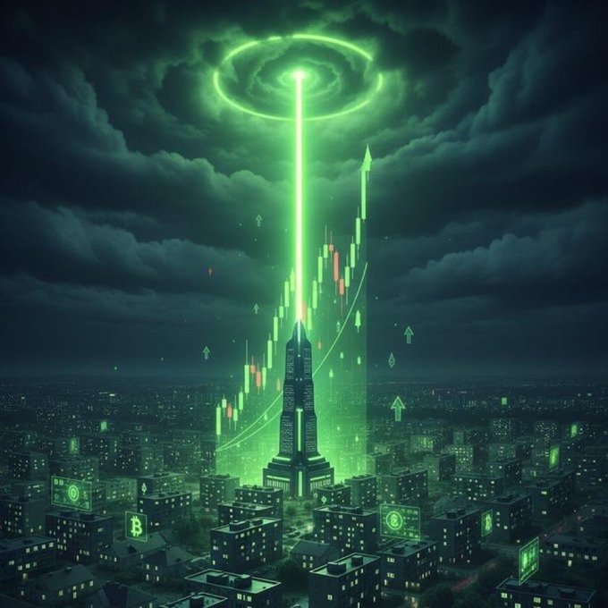 A stylized digital artwork showing a glowing green beam of light shooting up from a tower above a dark cityscape, surrounded by candlestick charts, arrows, and Bitcoin symbols, with a green halo in the cloudy sky above.