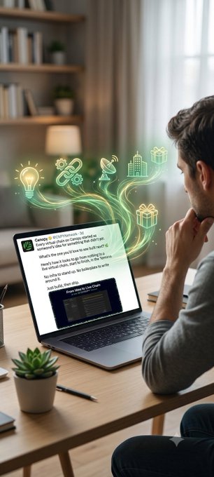 A man sits at a wooden desk looking at a laptop screen showing what appears to be AI-generated gift recommendations, with floating icons (lightbulb, gift, satellite, building) emerging from the screen.