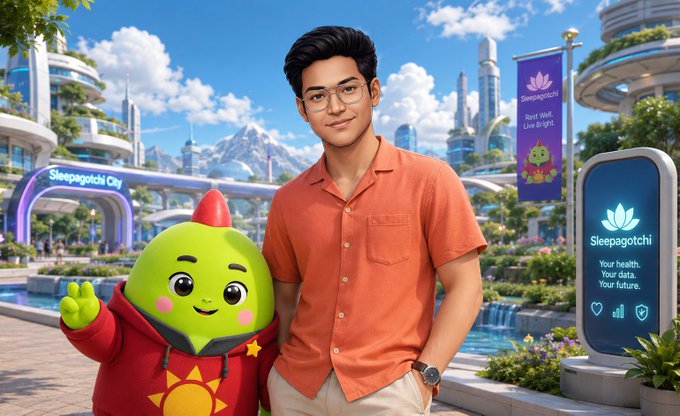 A digital illustration shows a young man with glasses in an orange shirt standing next to a green cartoon mascot wearing a red hoodie with a sun design, set in "Sleepagotchi City" with futuristic buildings, mountains, and signage in the background.