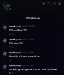 A mobile chat screenshot titled "PONS thesis" shows an automated trading bot named ryandycpto executing rapid-fire "100m" buy orders for the token ticker $PONS, with a user commenting that the price action "happened a lot faster then i thought."