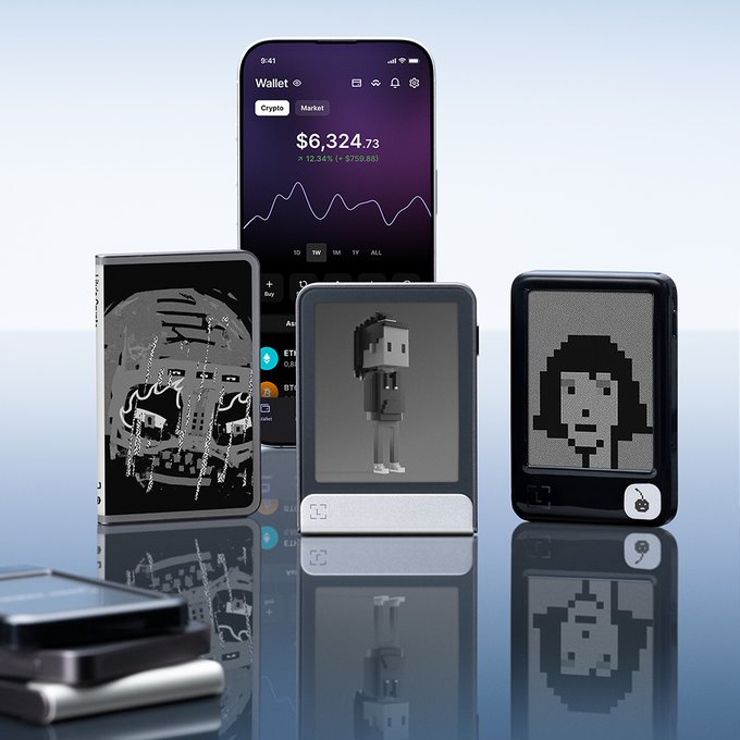 A product display shows a smartphone displaying a crypto wallet with a balance of $6,324.73 and a downward trend of -12.34% (-$759.83), alongside three smaller devices showing pixel-art style graphics.