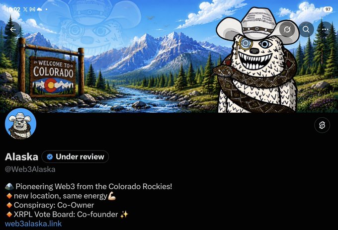 A Twitter profile for 'Alaska' (@Web3Alaska) with the bio 'Pioneering Web3 from the Colorado Rockies!' features a cartoon beaver mascot in a cowboy hat against a mountain landscape.