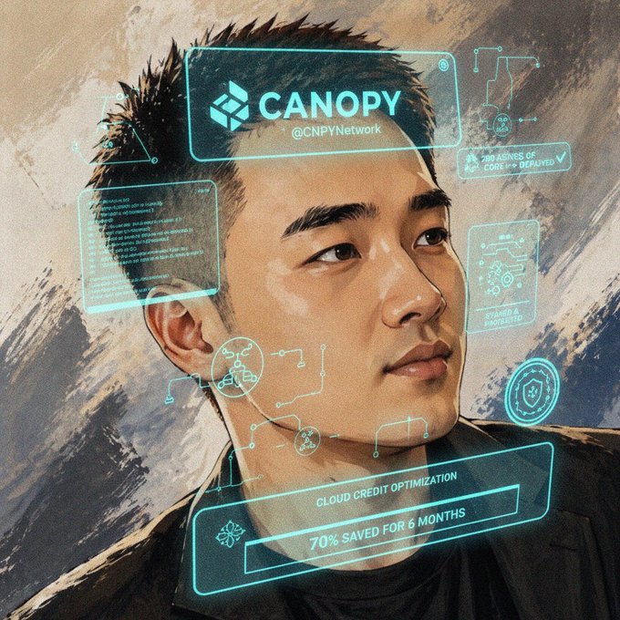 A digital illustration of an Asian man with futuristic HUD overlays showing 'CANOPY @CNPYNetwork', '200 ASICS OF CODE++ DEPLOYED', 'STABLE & FORTIFIED', and a 'CLOUD CREDIT OPTIMIZATION' banner reading '70% SAVED FOR 6 MONTHS'.