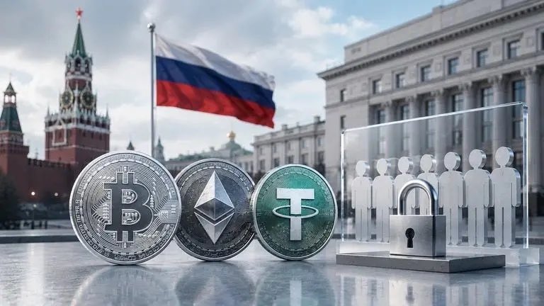 A composite image showing a Russian flag, the Kremlin, and cryptocurrency symbols (Bitcoin, Ethereum, Tether) alongside silhouettes of people inside a glass box with a padlock, suggesting a censored crypto crackdown.