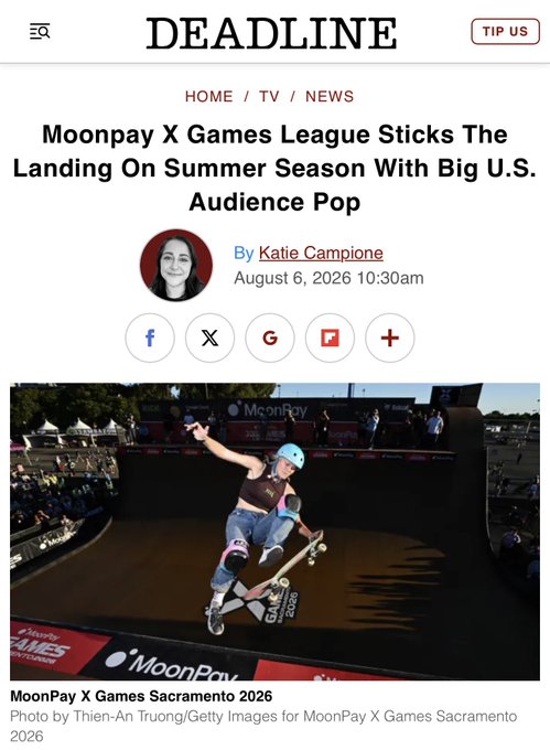 A Deadline article by Katie Campione from August 6, 2026, reports that the MoonPay X Games League drew a large U.S. audience during the summer season, featuring a skater mid-trick at the MoonPay X Games Sacramento 2026 event. The image aligns with the post's claim that the X Games League outdrew Wimbledon in viewership, highlighting the growing appeal of action sports.