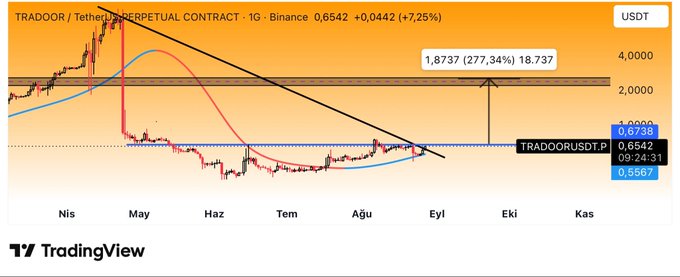A TradingView daily chart of the TRADOOR/USDT perpetual contract on Binance shows the price at 0.6542 (+7.25%), with an annotated target of 1.8737 (277.34%) above a critical blue resistance zone around 0.5667–0.6738, illustrating the post's call for a potential breakout acceleration if the marked blue zone is breached with volume.