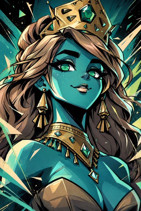 A digital illustration of a teal-skinned, green-eyed queen wearing an ornate golden crown with green gems, set against a crystalline background.