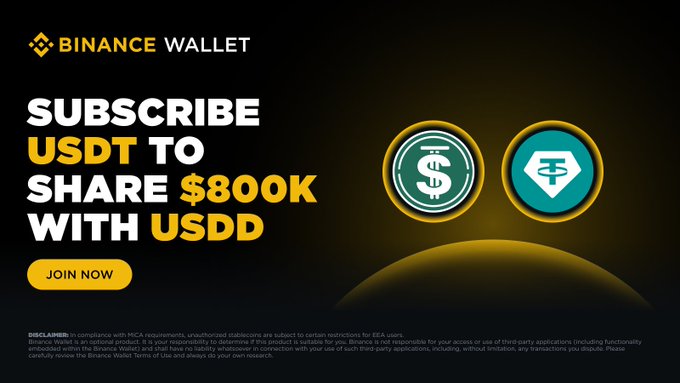 The image features an advertisement for a competition between stablecoins. It has two main elements - a yellow circle representing $8,000 and another green circle representing $1,000. The text on the image suggests that users only need to deposit USDT to participate in this competition, with a total reward pool of up to $800,000. A button is placed below these circles, inviting viewers to join now.