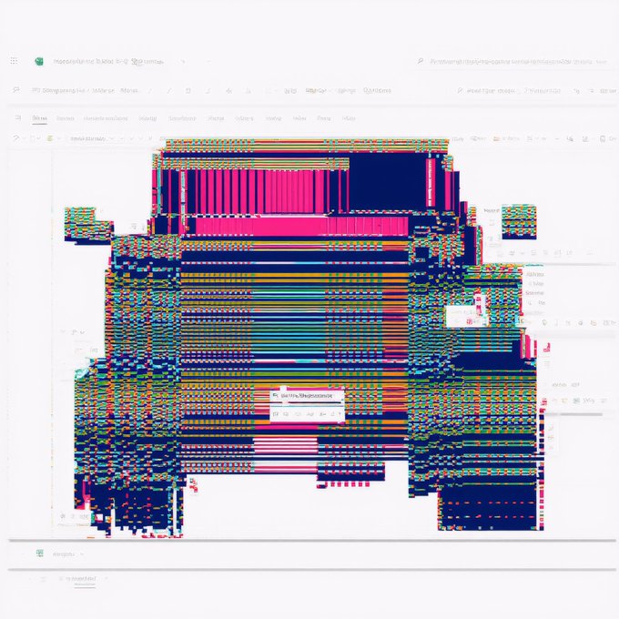 A heavily glitched/distorted webpage screenshot showing colorful pixelated patterns in pink, blue, yellow, and green with partially visible UI elements like 'Sheet13' and 'Powered by WPS', 'supported by Microsoft'.