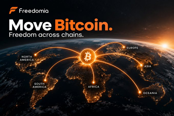 A promotional graphic for 'Freedomia' features the text 'Move Bitcoin. Freedom across chains.' over an image of Earth showing the continents connected by glowing orange paths to a central Bitcoin symbol.