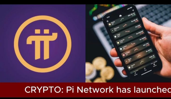 A news graphic showing the Pi Network logo on the left and a smartphone displaying cryptocurrency prices, with text reading 'CRYPTO: Pi Network has launched'.
