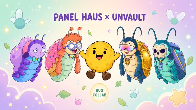 A whimsical pastel illustration shows five colorful cartoon bugs under the text "PANEL HAUS x UNVAULT" with a "BUG COLLAB" badge, promoting a collaborative NFT contest where participants can create memes or webtoons for a chance to win one of five prizes.