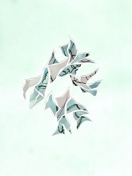 A pale mint-green watercolor background featuring an abstract composition of torn paper-like shapes with teal, beige, and black sketched details.