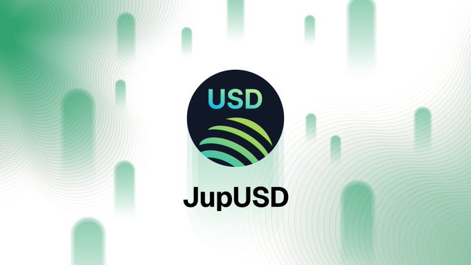 A logo graphic for 'JupUSD' featuring a black circular emblem with green curved lines and the text 'USD', set against a white background with green wavy patterns.