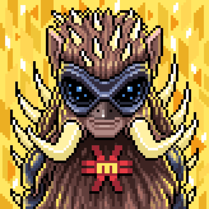 A pixel art illustration of an alien-like deity with tribal headdress and blue goggles, wearing golden garments and a red chest symbol, set against a bright yellow background.