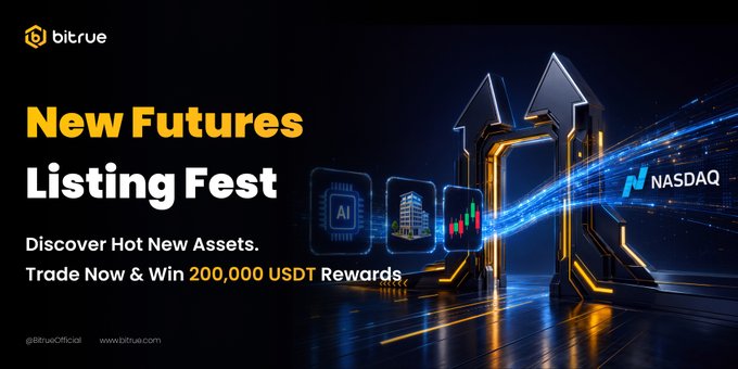 This image advertises Bitrue's "New Futures Listing Fest" with a promotion to "Trade Now & Win 200,000 USDT Rewards." The Nasdaq logo is prominently displayed, suggesting links to market trends and new asset listings.